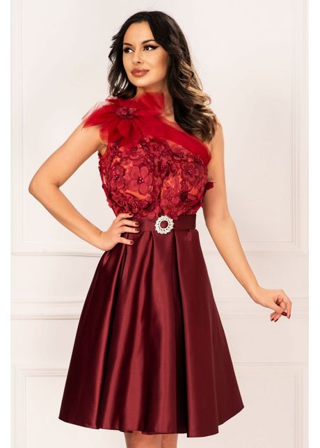 Rochie de lux bordo eleganta din tafta in clos cu flori 3d