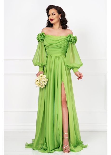 Rochie de lux mireya fistic lunga cu fronseuri si flori 3d