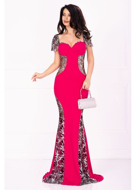 Rochie de lux serena de seara fucsia cu paiete argintii si sclipici