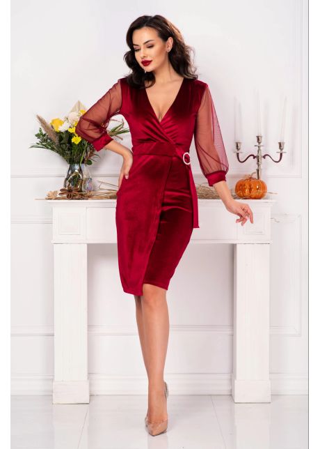 Rochie de ocazie bordo din catifea cu aspect petrecut