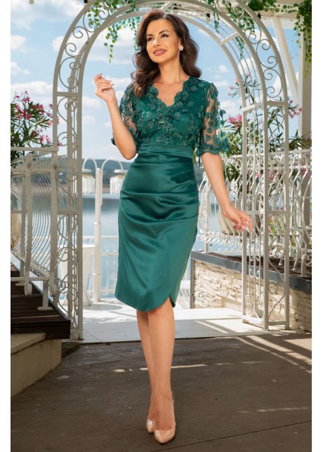 Rochie de ocazie conica verde catlyn cu bust din flori brodate