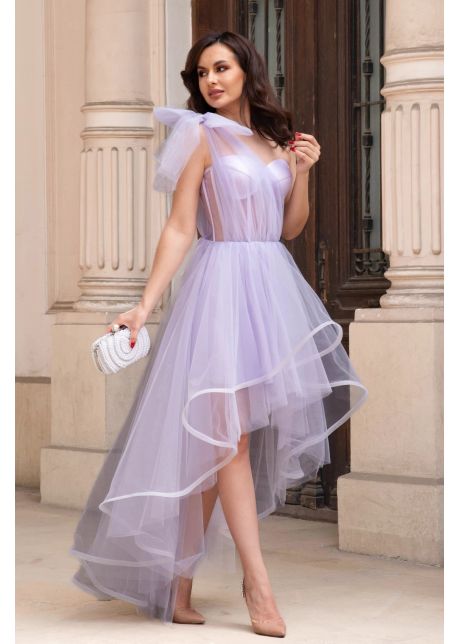 Rochie de ocazie din tulle lila cu corset si volane