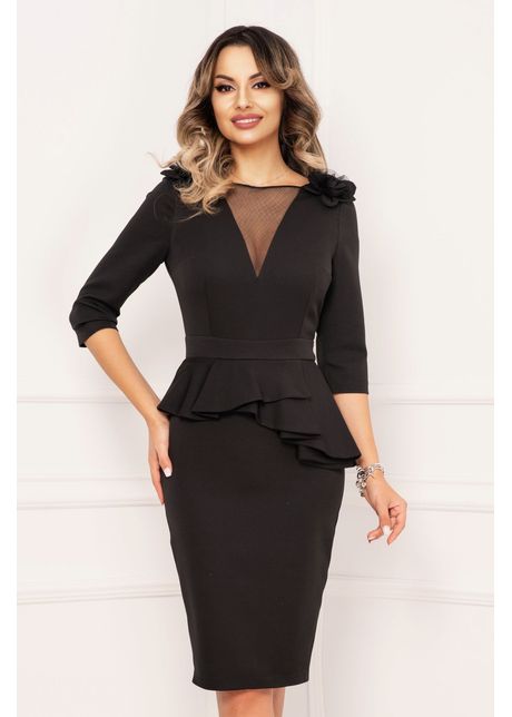 Rochie de ocazie eleganta neagra cu peplum si flori decorative pe umeri