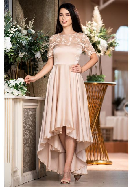 Rochie de ocazie nude asimetrica cu broderie pretioasa