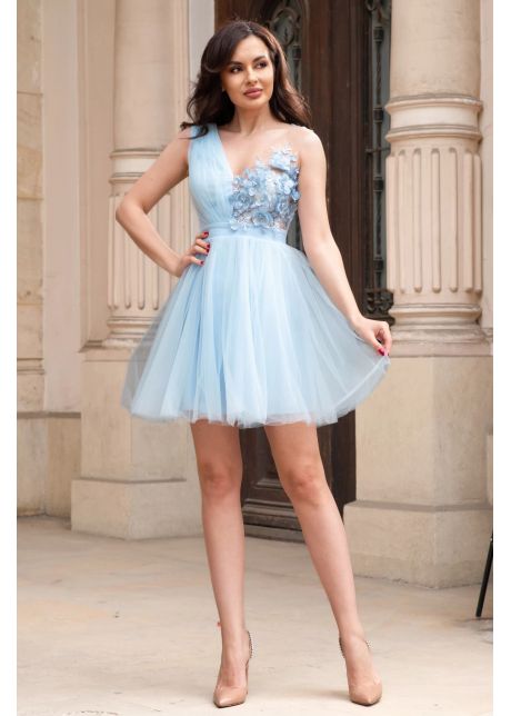 Rochie de ocazie scurta din tulle bleu cu flori 3d brodate