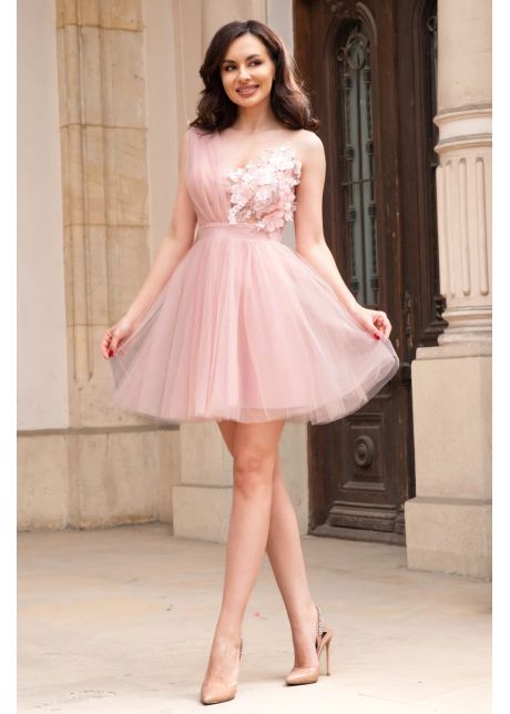 Rochie de ocazie scurta roz din tulle cu flori 3d brodate