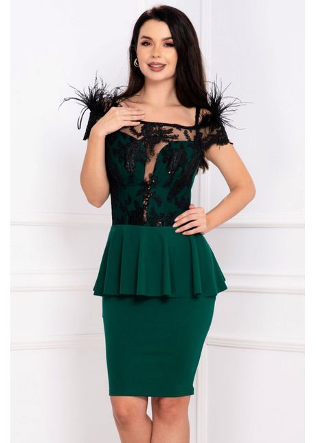 Rochie de ocazie verde Iviana cu peplum si fulgi la umeri