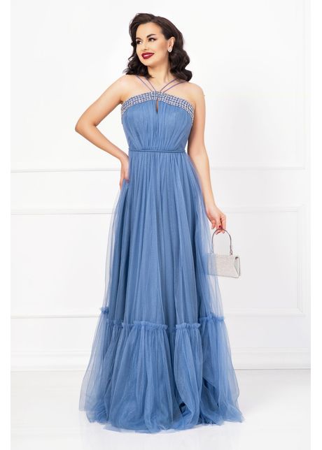 Rochie de seara christine bleu cu model din strassuri
