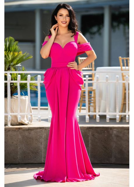 Rochie de seara demetria tip sirena fucsia cu fronseuri