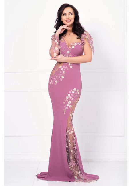 Rochie de seara eleganta lunga lila anelisse tip sirena cu flori de cires brodate