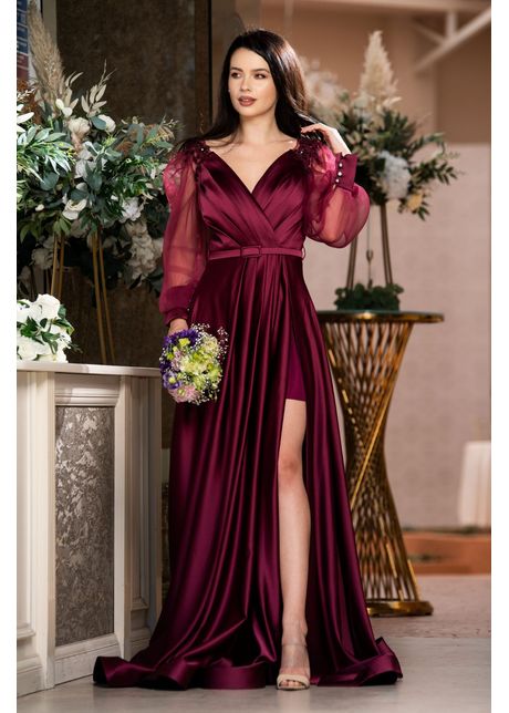 Rochie de seara eliana magenta satinata cu aplicatii pretioase