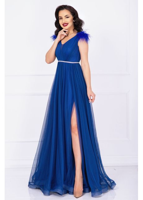 Rochie de seara gratiela albastru royal cu perle in talie si accesoriu tip fulgi