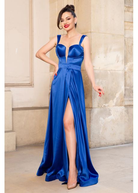 Rochie de seara lunga yennifer albastru royal cu crapatura pe picior
