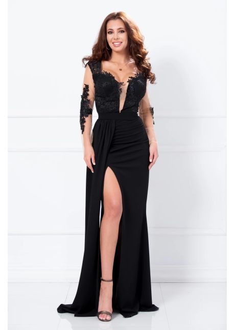 Rochie de seara neagra cu dantela si trena pe o parte