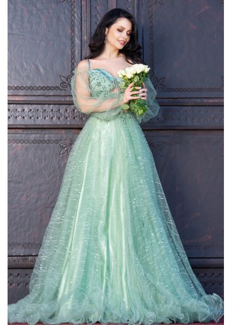 Rochie de seara patrizia mint din tulle cu sclipici si margele