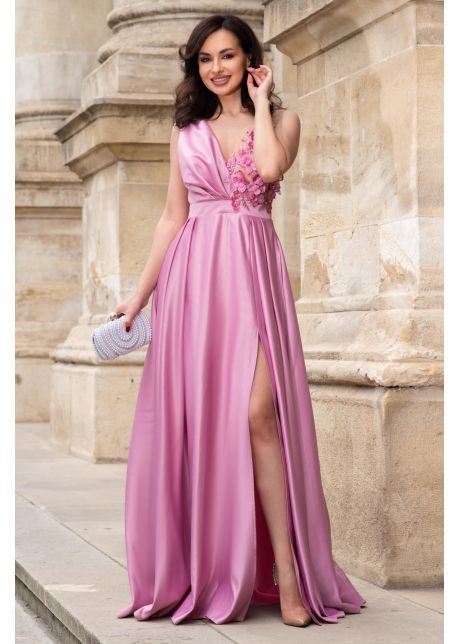 Rochie de seara roz lunga din tafta saturn cu flori 3d