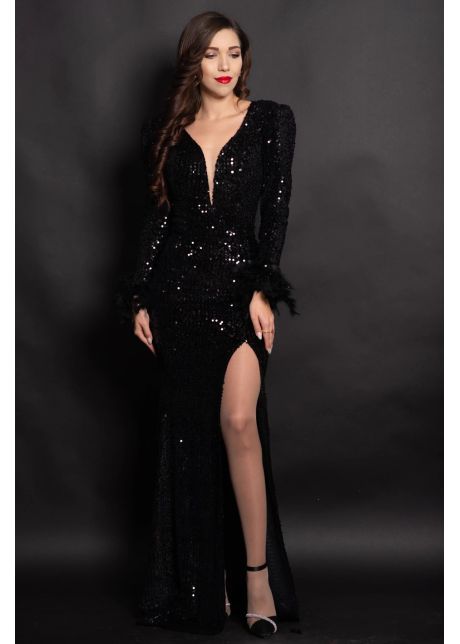 Rochie de seara tip sirena neagra serafina cu paiete argintii si fulgi