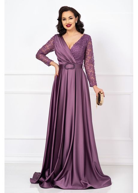 Rochie de soacra marilyn mov lunga cu fronseuri si maneci pretioase brodate