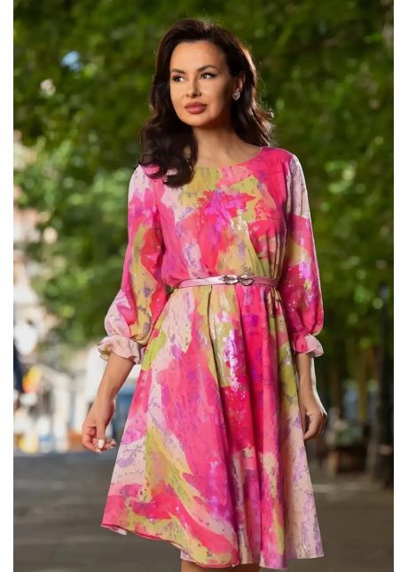 Rochie de zi in clos aisha din voal fucsia cu imprimeu tip pictura