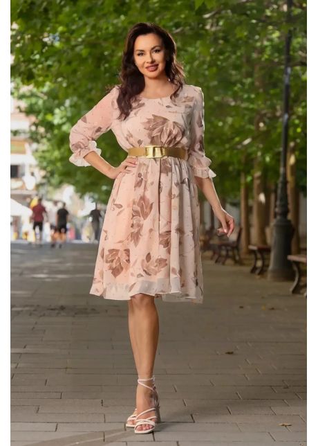 Rochie de zi in clos ayana bej din voal cu imprimeu floral