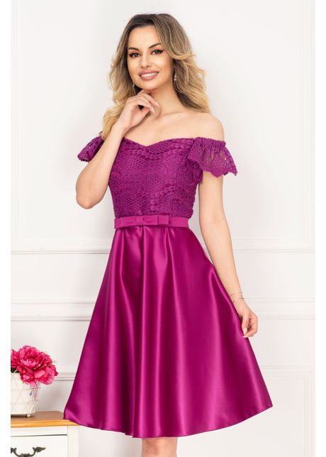 Rochie eleganta de ocazie magenta cu broderie aplicata si funda