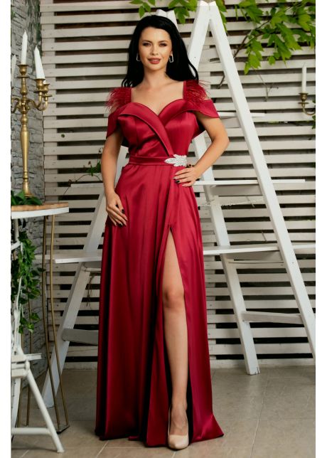 Rochie eleganta de soacra miley lunga din tafta bordo