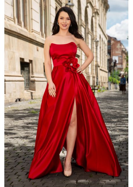 Rochie eleganta lunga rosie lorelai din tafta cu floare 3d