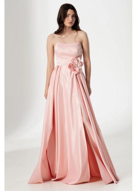 Rochie eleganta lunga roz lorelai din tafta cu floare 3d