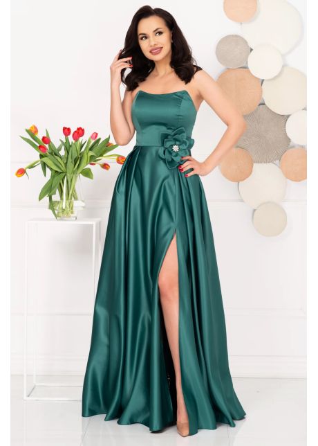 Rochie eleganta lunga verde lorelai din tafta cu floare 3d