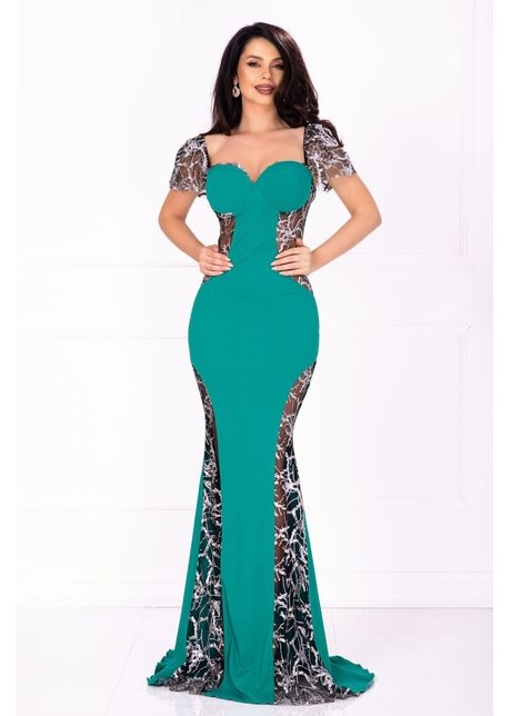 Rochie eleganta serena de seara verde cu paiete argintii si sclipici