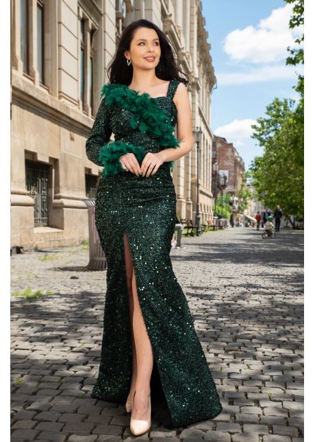 Rochie eleganta verde isabela cu fronseuri si insertie de fulgi