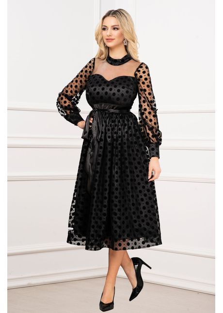 Rochie inpuff de ocazie eleganta neagra din tulle cu buline din catifea