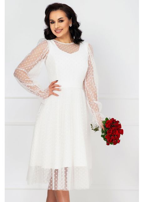 Rochie inpuff eleganta de cununie ivoire acoperita de tul cu buline