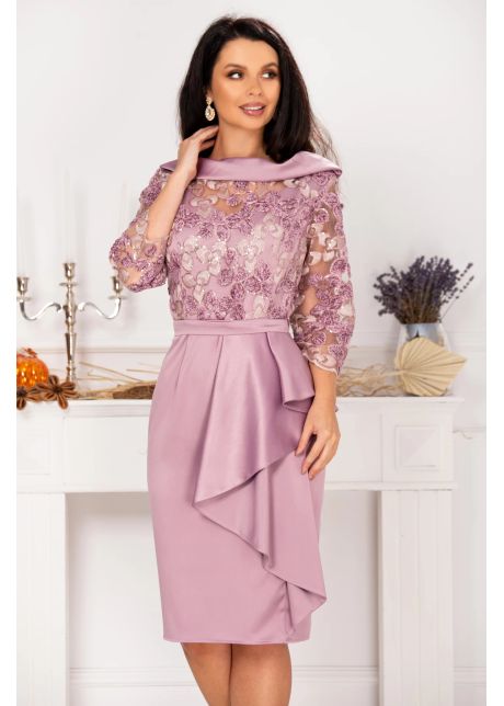Rochie lila de soacra Danna cu flori de catifea si peplum