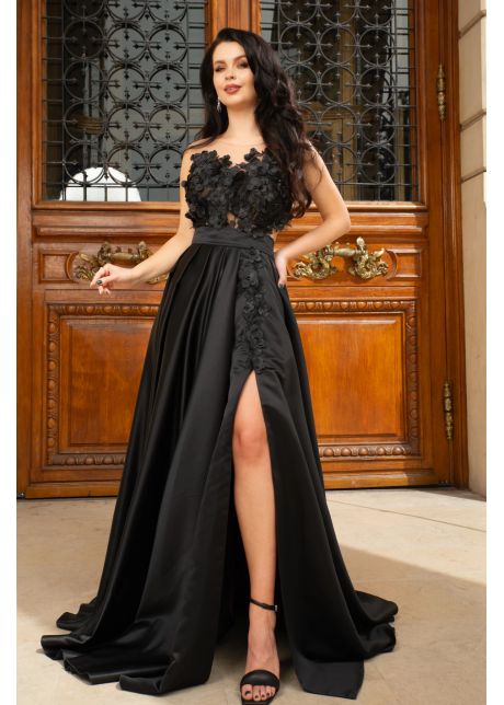 Rochie lunga beatrice de lux tip printesa din tafta neagra cu flori 3d