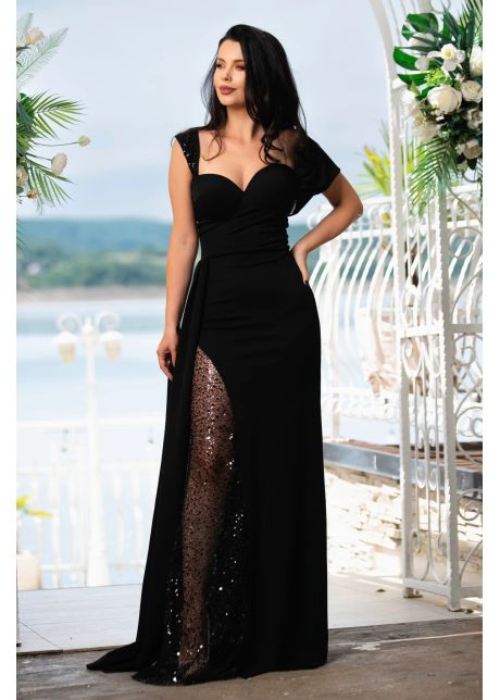 Rochie lunga de seara fatima neagra cu trena pe o parte
