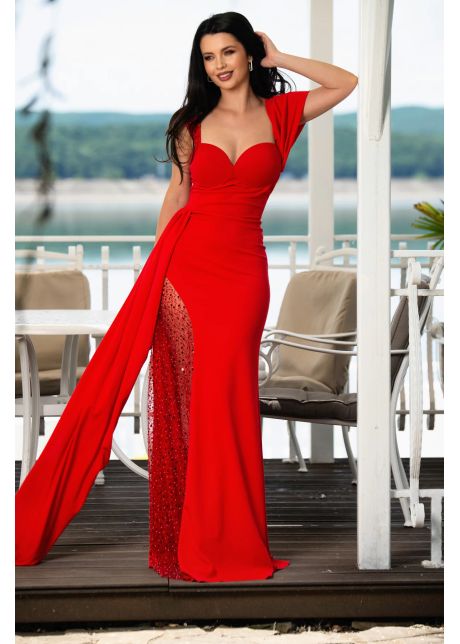 Rochie lunga de seara fatima rosie cu trena pe o parte