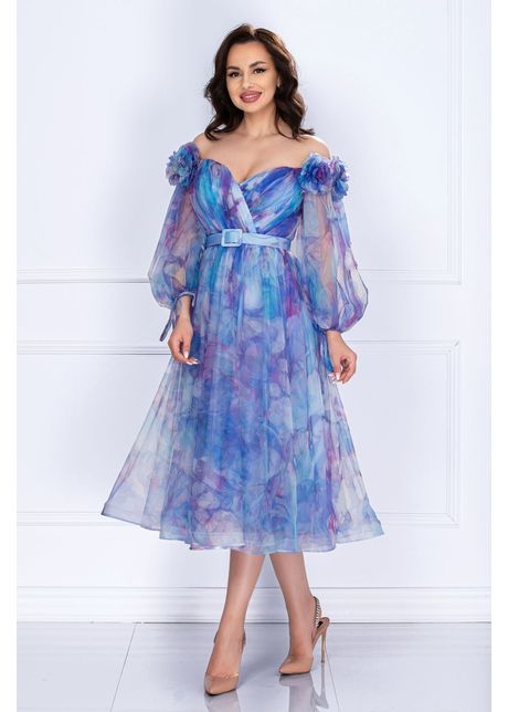 Rochie pretioasa de ocazie josephine bleu cu imprimeu tip pictura