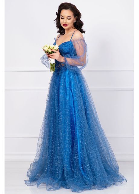 Rochie pretioasa patrizia baby blue din tulle cu sclipici si margele