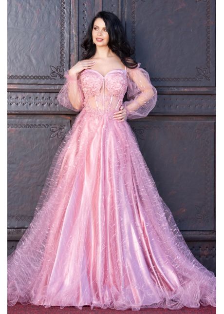 Rochie pretioasa rose patrizia din tulle cu sclipici si margele
