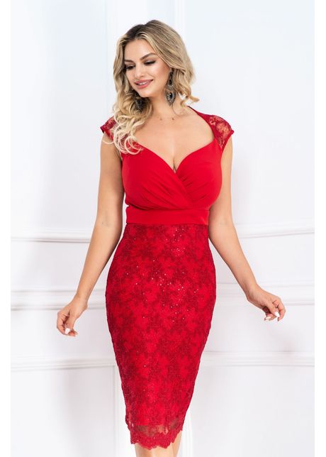Rochie rosie de ocazie eleganta cu broderie 3d si paiete discrete