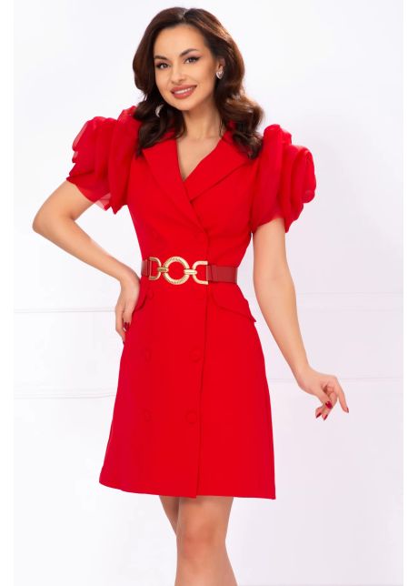 Rochie rosie tip sacou cu trandafiri stilizati