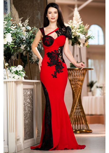 Rochie sirena de seara Ellery lunga eleganta rosie cu broderie neagra