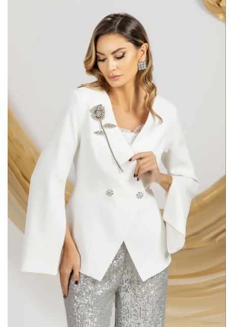 Sacou dama elegant ecru cu trandafir pretios aplicat si maneci evazate