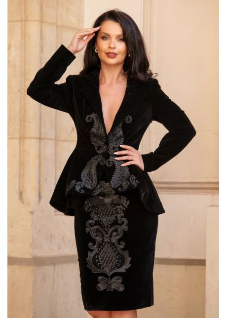 Sacou elegant negru asimetric din catifea premium cu broderie