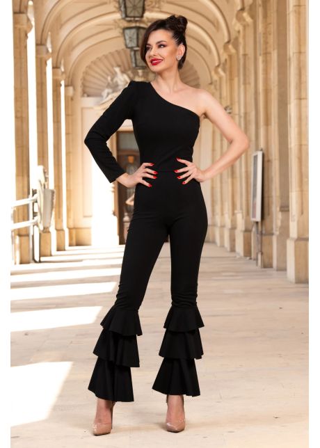 Salopeta neagra cambrata cu pantalon cu volane