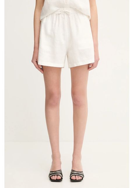 Samsoe Samsoe pantaloni scurți din in MAREN culoarea verde, uni, high waist, F23900001