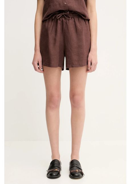 Samsoe Samsoe pantaloni scurți din in MAREN culoarea verde, uni, high waist, F23900001
