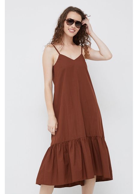 Sisley rochie din bumbac culoarea maro midi evazat