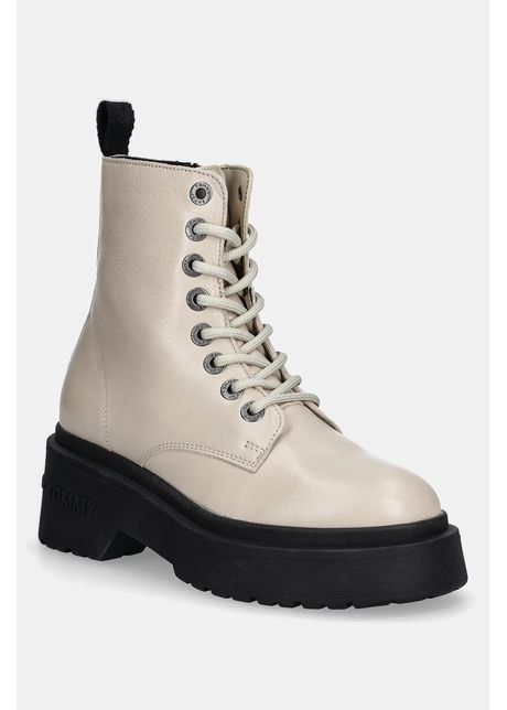 Tommy Jeans bocanci de piele TJW CHUNKY SHINY LEATHER BOOT culoarea bej, cu platforma, EN0EN02848